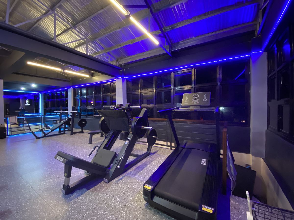 Upper floor with leg press and treadmill
